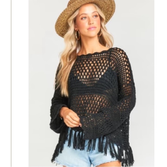 Show Me Your MuMu Blake Open Knit Bell Sleeve Fringe Sweater Size Medium NWT - Picture 1 of 8